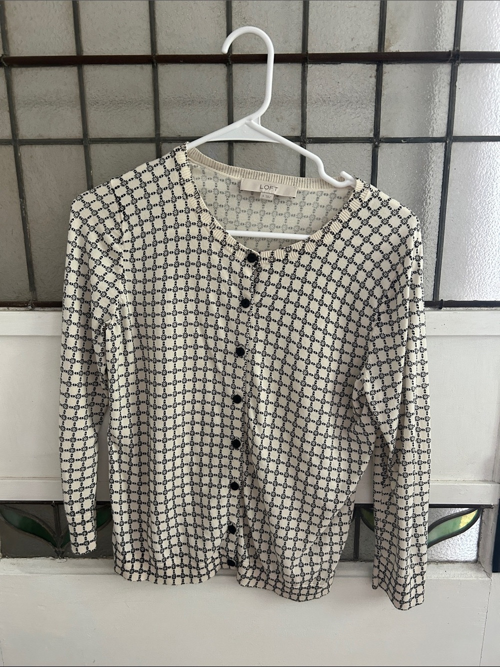 LOFT Cream and Navy Geometric Button-Front Cardigan